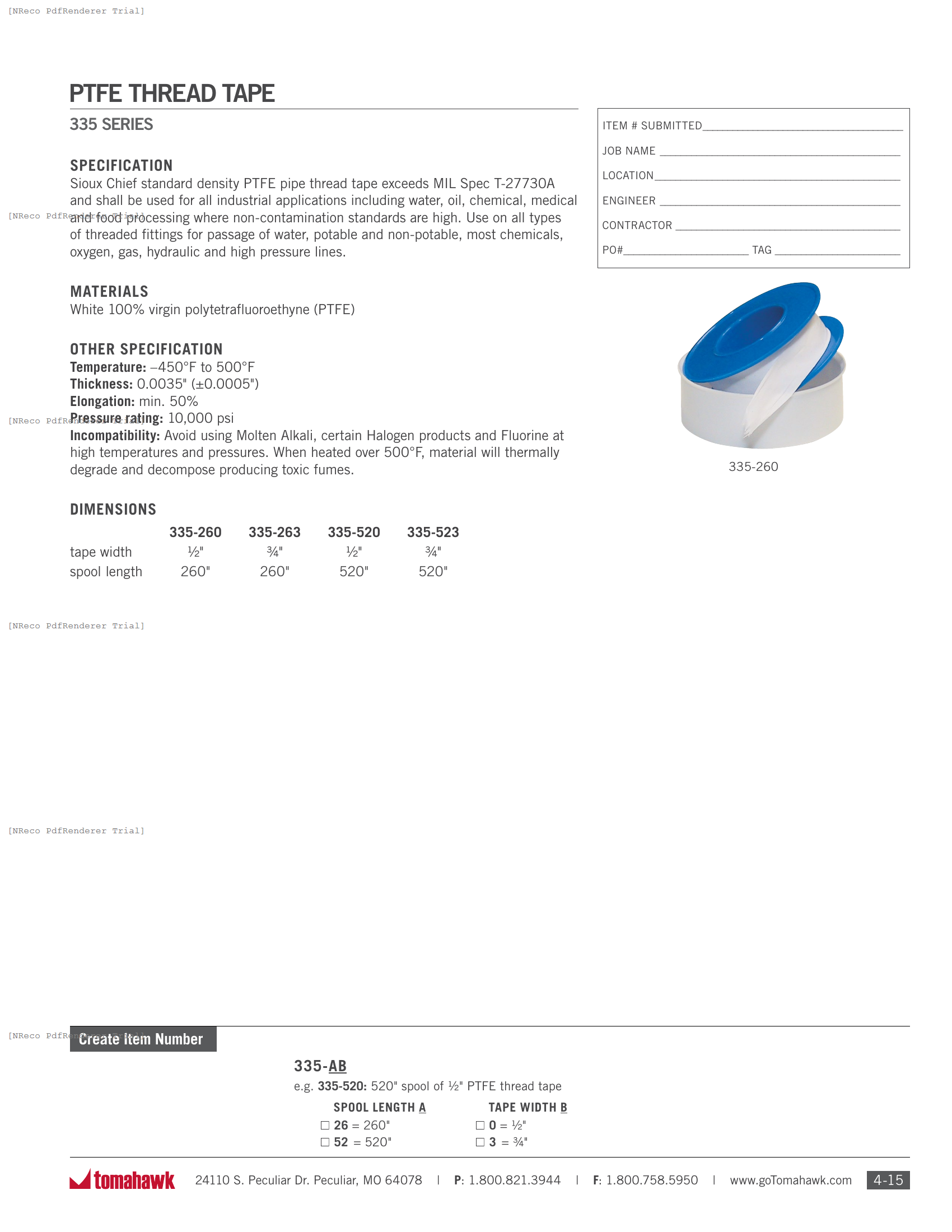 335 SERIES - PTFE TAPE - SPEC SHEET.PDF Specification Document